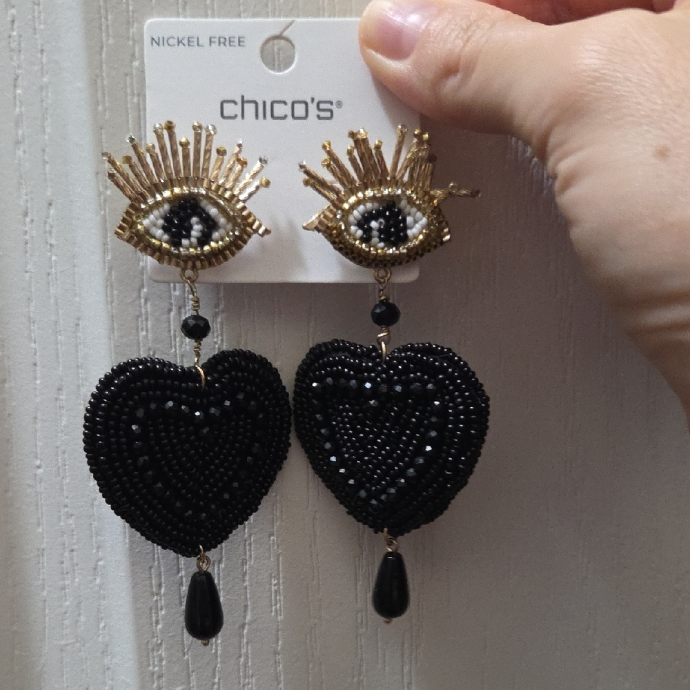 Chico's Gold and Black Beaded Eye Heart Earrings